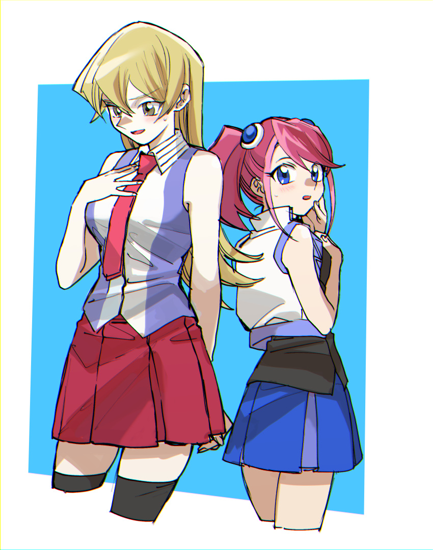 203wolves 2girls absurdres bare_shoulders blonde_hair blue_eyes blue_skirt blush breasts brown_eyes chromatic_aberration collared_shirt commentary_request cosplay costume_switch cropped_legs duel_academy_uniform_(yu-gi-oh!_gx) hand_on_own_chest hand_on_own_face hand_up hands_up highres hiiragi_yuzu hiiragi_yuzu_(cosplay) long_hair looking_at_viewer looking_down multicolored_hair multiple_girls necktie open_mouth pink_hair red_necktie red_skirt school_uniform shirt skirt sleeveless smile standing sweatdrop tenjouin_asuka tenjouin_asuka_(cosplay) thighhighs twintails two-tone_hair yu-gi-oh! yu-gi-oh!_arc-v yu-gi-oh!_gx