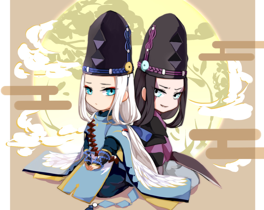 2boys abe_no_seimei_(onmyoji) black_hair blue_eyes chibi closed_mouth commentary_request dual_persona hat highres kuro_seimei_(onmyoji) long_hair looking_at_another male_focus multiple_boys onmyoji open_mouth tiyi_(tiyi_a09) white_hair