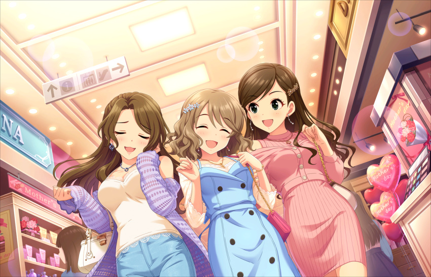 3girls :3 ^_^ arrow_(symbol) artist_request bag blush breasts brown_hair closed_eyes earrings etou_misaki_(idolmaster) facing_viewer flower girl_sandwich girls'_power_(idolmaster) hair_flower hair_ornament handbag idolmaster idolmaster_cinderella_girls idolmaster_cinderella_girls_starlight_stage indoors jewelry kishibe_ayaka large_breasts long_hair looking_at_another mall messy_hair mother's_day multiple_girls necklace official_art open_mouth sandwiched short_hair sleeves_past_wrists smile tsukimiya_miyabi wavy_hair