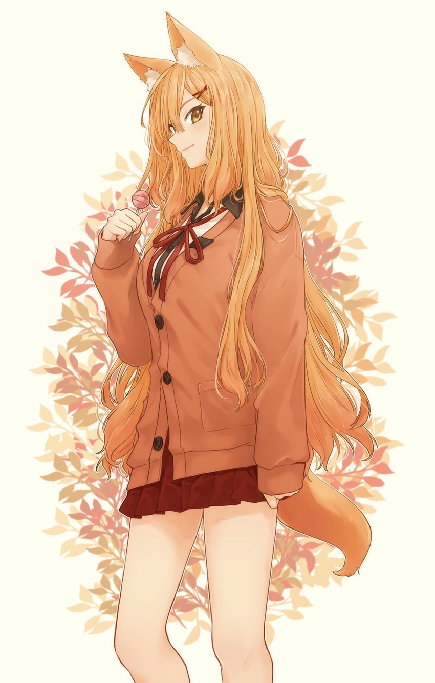 animal_ears autumn_leaves candy cardigan commentary_request fate/extra fate/extra_ccc fate/extra_ccc_fox_tail fate_(series) female food fox_ears fox_tail highres lollipop long_hair orange_hair pleated_skirt purutera school_uniform skirt smile solo suzuka_gozen_(fate) tail