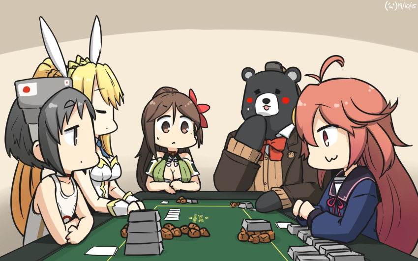 4girls :3 ahoge amagi_(kancolle) animal_ears artoria_pendragon_(fate) artoria_pendragon_(swimsuit_ruler)_(fate) bauxite bear black_hair blonde_hair blue_neckwear blush breasts brown_eyes brown_hair card casino_card_table casino_royale cleavage cleavage_cutout clothing_cutout commentary crossed_arms crossover dated detached_collar diving_mask diving_mask_on_head fate/grand_order fate_(series) flower goggles goggles_on_head hair_between_eyes hair_flower hair_ornament hair_ribbon hairclip hamu_koutarou high_ponytail highres james_bond_(series) japanese_flag kantai_collection kumano_(kancolle) large_breasts leotard long_hair looking_down maru-yu_(kancolle) mole multiple_girls navel navel_cutout parted_bangs pink_eyes pink_hair playboy_bunny playing_card poker_table ponytail rabbit_ears rabbit_hair_ornament remodel_(kantai_collection) ribbon school_swimsuit school_uniform serafuku serious short_hair sidelocks signature sitting steel_ingot swimsuit table uzuki_(kancolle) white_leotard wide_ponytail wrist_cuffs