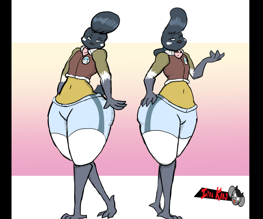 anthro ass avian beak big_butt bird black_bars blue_eyes brother_(lore) duo female flat_chested great_tit hair hi_res ironkongstudios male matching_outfits mize_(ironkongstudios) oscine passerine pillarbox pompadour ponytail sibling_(lore) sister_(lore) soddo_(ironkongstudios) thick_thighs tit_(bird) twins_(lore) wide_hips