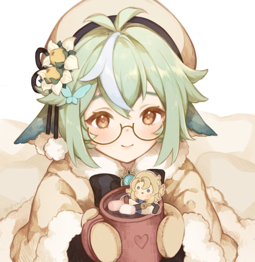 albedo_(genshin_impact) animal_ears antenna_hair black_bow black_bowtie black_ribbon black_shirt blush bow bowtie butterfly_hair_ornament capelet closed_mouth cookie cup english_commentary female flower food foodification fur-trimmed_capelet fur_trim genshin_impact glasses gloves green_hair hair_flower hair_ornament hair_ribbon headband highres holding holding_cup hot_chocolate long_sleeves marshmallow mittens mug protected_link ria_(yfvv_ria) ribbon round_eyewear semi-rimless_eyewear shirt sidelocks smile snow solo sucrose_(genshin_impact) sweet_flower under-rim_eyewear upper_body vision_(genshin_impact) white_capelet white_gloves white_headband yellow_eyes