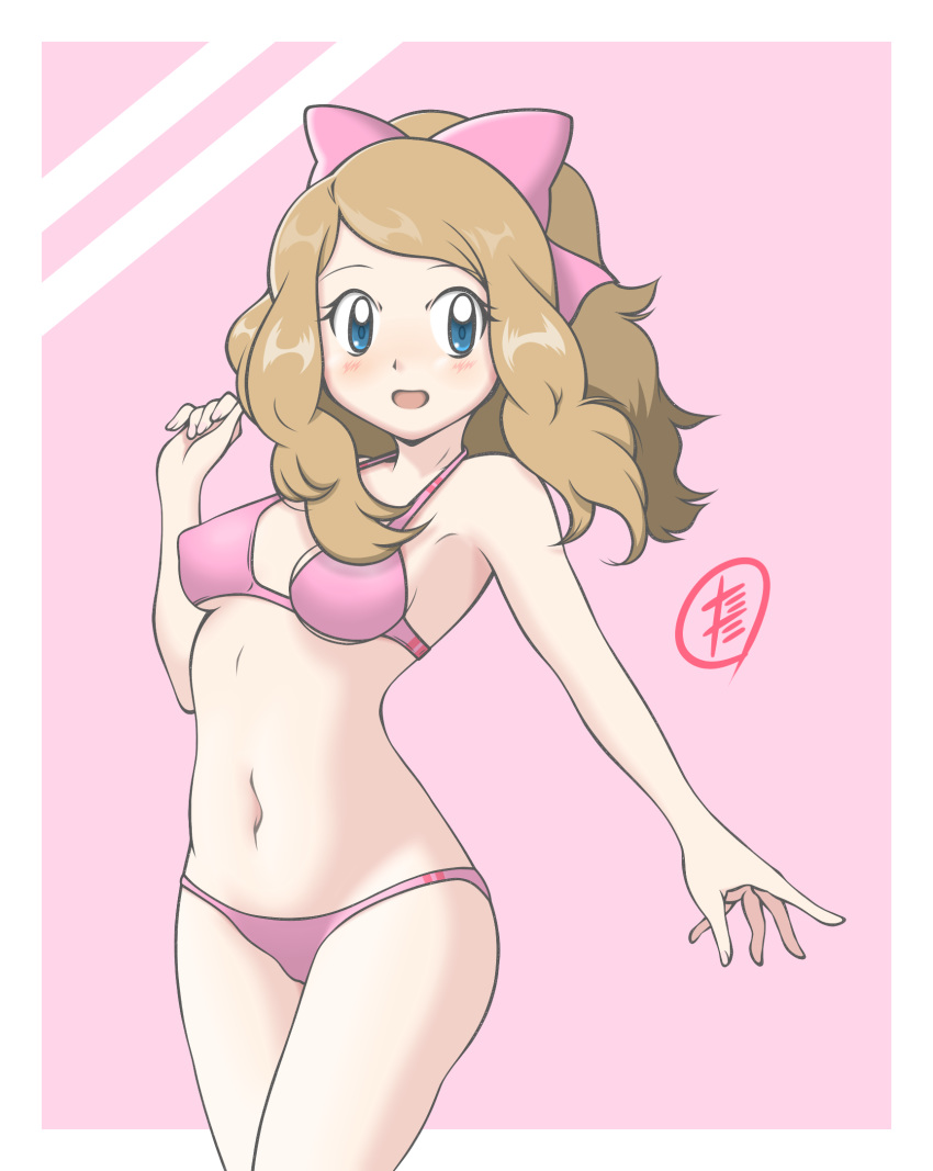 alternate_hairstyle bikini blue_eyes blush border breasts cleavage commentary_request eyelashes female floating_hair hair_ornament halterneck hand_up highres light_brown_hair long_hair looking_to_the_side navel open_mouth outstretched_arm pink_bikini pokemon pokemon_(anime) pokemon_xy_(anime) ponytail serena_(pokemon) solo string_bikini swimsuit tax2rin two-tone_background white_border