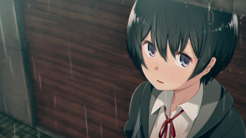 black_hair bob_cut close-up commentary_request dress_shirt female garage hair_between_eyes highres jacket kemuri_haku neck_ribbon open_mouth original outdoors overhead_door purple_eyes rain red_ribbon ribbon school_uniform shirt short_hair solo white_shirt