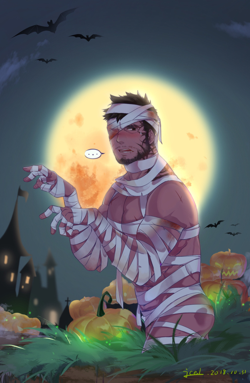 1boy absurdres alternate_costume avenger_(dungeon_and_fighter) bandage_over_one_eye bandages bara beard blush castle dark-skinned_male dark_skin dungeon_and_fighter facial_hair feet_out_of_frame full_moon halloween halloween_costume highres icelernd jack-o'-lantern looking_at_viewer male_focus male_priest_(dungeon_and_fighter) mature_male moon muscular muscular_male naked_bandage outstretched_arms pectoral_cleavage pectorals revealing_clothes short_hair solo textless_version thighs zombie_pose