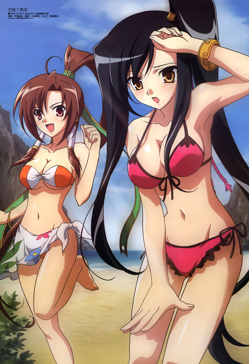 2girls absurdres armpits bachou beach bikini breasts cleavage day floral_print high_ponytail highres hiratsuka_tomoya imageboard_desourced kan'u_(koihime_musou) koihime_musou long_hair magazine_scan medium_breasts megami_magazine midriff multiple_girls navel non-web_source official_art outdoors ponytail sarong scan side-tie_bikini_bottom swimsuit white_sarong