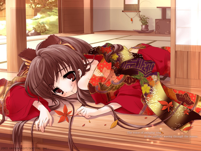 2003 autumn bare_shoulders blush bow brown_eyes brown_hair english_text expressionless female floral_print garden hair_in_own_mouth hairbow indoors interior ito_noizi japanese_clothes kimono komorebi_ni_yureru_tamashii_no_koe leaf long_hair looking_at_viewer lying maple_leaf off_shoulder ponytail porch red_kimono ribbon sliding_doors solo sui_(komorebi) tatami very_long_hair yukata