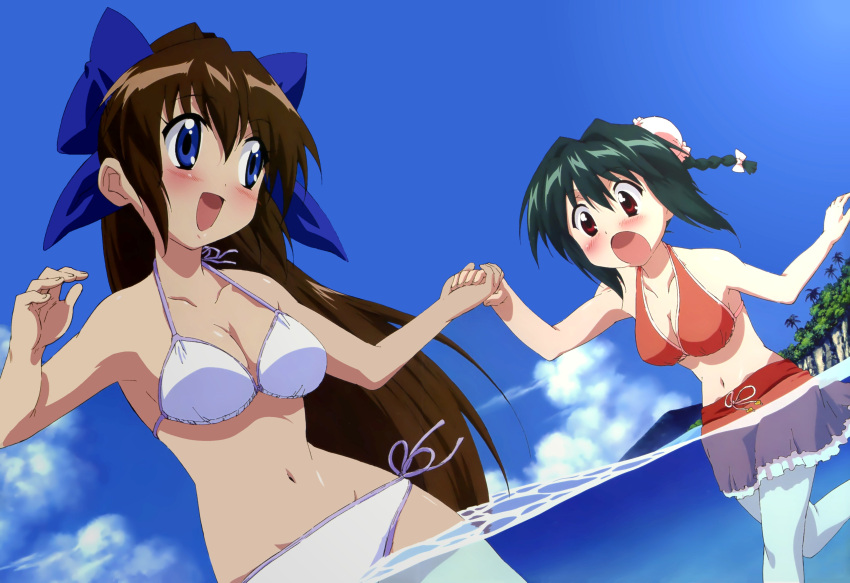 2girls absurdres armpits bikini blue_eyes blush braid breasts brown_hair bun_cover cleavage cloud comp_h's day double_bun frills green_hair hair_bun hair_ribbon highres holding_hands large_breasts long_hair mei_mei_(nagasarete_airantou) multiple_girls nagasarete_airantou navel non-web_source ocean open_mouth outdoors palm_tree photoshop_(medium) ponytail ribbon scan short_hair side-tie_bikini_bottom skirt sky suzu_(nagasarete_airantou) swimsuit tatsuta_shin'ichi tree twin_braids very_long_hair wading water white_bikini