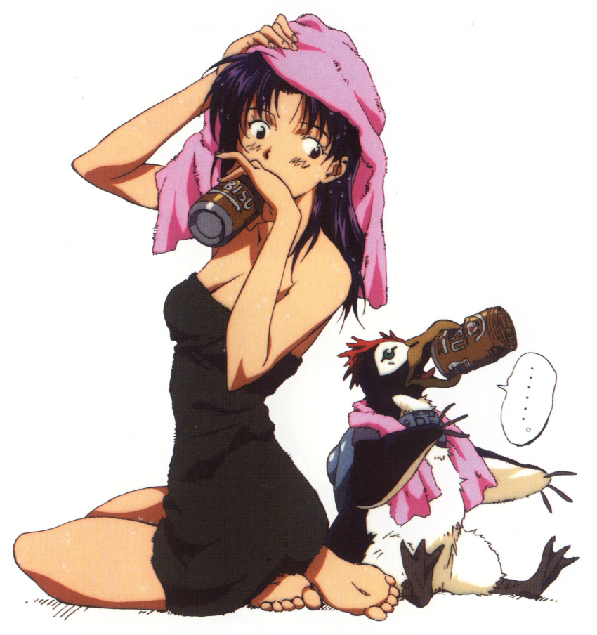 absurdres alcohol barefoot beer beer_can bird black_towel blush breasts brown_eyes can cleavage drink_can drinking feet female full_body hand_on_own_head highres holding holding_can honda_takeshi katsuragi_misato long_hair long_legs medium_breasts naked_towel neon_genesis_evangelion official_art penguin penpen photoshop_(medium) pink_towel purple_hair scan scan_artifacts simple_background sitting soles solo speech_bubble sweat toes towel towel_on_head white_background yebisu yokozuwari