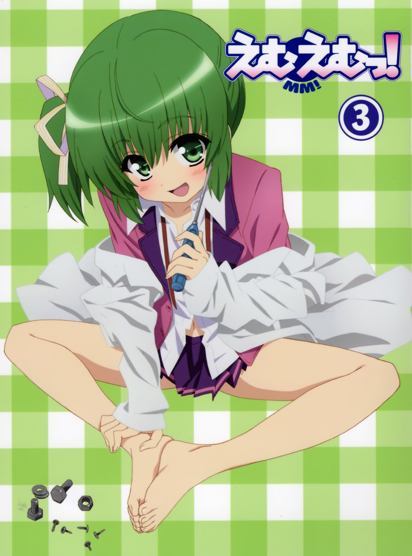 barefoot butterfly_sitting cover dvd_cover feet female green_eyes green_hair hands_on_feet highres hiiragi_noa lab_coat mm! photoshop_(medium) purple_skirt school_uniform screwdriver short_hair side_ponytail sitting skirt solo