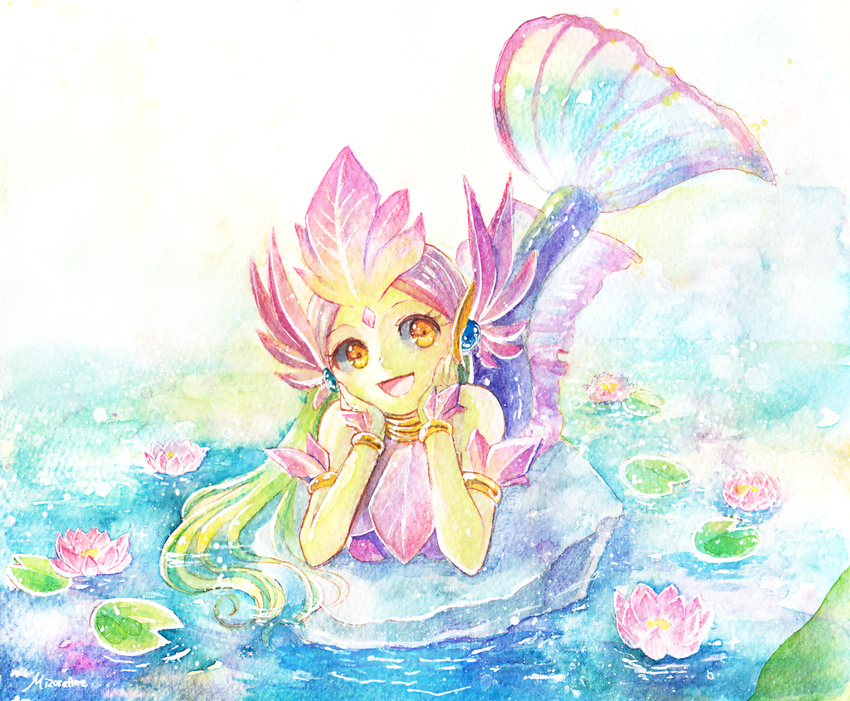 alternate_costume colored_skin commentary_request facial_mark female flower green_hair green_skin league_of_legends lily_pad long_hair lotus mermaid mizoreame monster_girl nami_(league_of_legends) open_mouth river_spirit_nami solo traditional_media water yellow_eyes