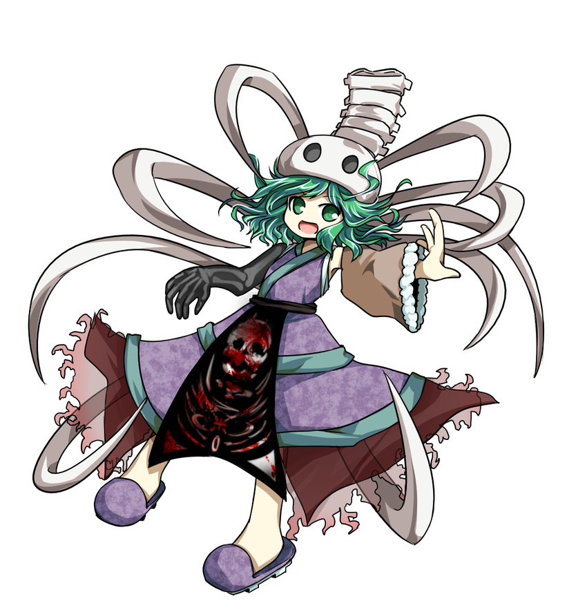 1other androgynous anmita_(rarutos) bone commentary_request detached_sleeves ex-sese green_eyes green_hair japanese_clothes kitsugai_sese len'en open_mouth other_focus outstretched_arms short_hair skull-shaped_hat slippers smile solo