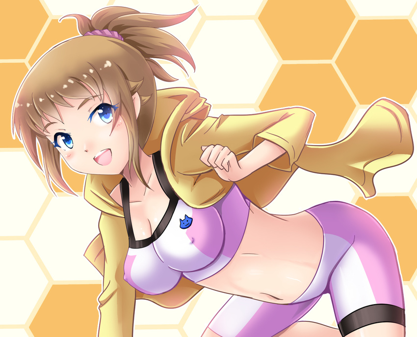 bike_shorts blue_eyes breasts brown_hair cleavage collarbone commentary covered_nipples cowboy_shot female gundam gundam_build_fighters gundam_build_fighters_try highres hoshino_fumina jacket large_breasts midriff navel open_mouth photoshop_(medium) ponytail ryusei2u scrunchie shirt shorts solo sports_bra taut_clothes taut_shirt taut_shorts two-tone_sports_bra yellow_jacket