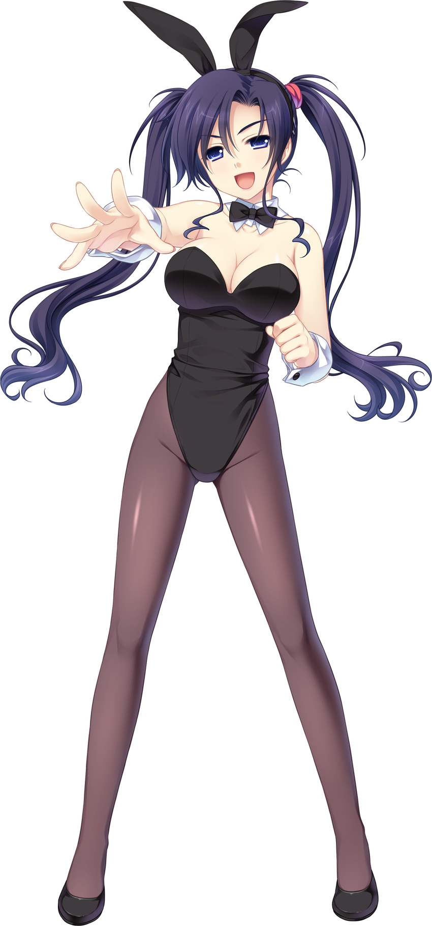 '&'_-sora_no_mukou_de_sakimasu_you_ni- absurdres animal_ears bare_shoulders blue_eyes blue_hair female full_body game_cg high_heels highres looking_at_viewer necktie open_mouth pantyhose playboy_bunny rabbit_ears saeki_hokuto smile solo transparent_background twintails wrist_cuffs