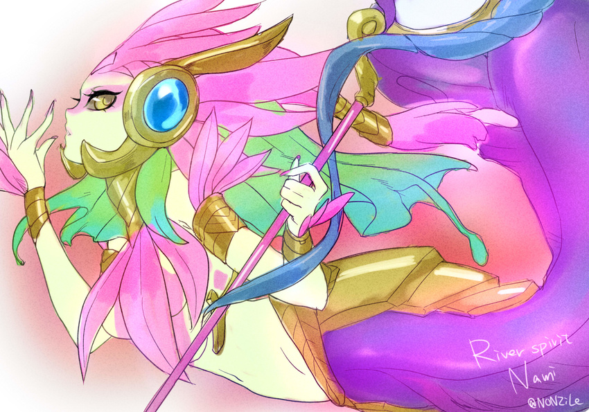 alternate_costume artist_name character_name colored_skin commentary_request facial_mark female green_hair green_skin highres league_of_legends long_hair mermaid monster_girl nail_polish nami_(league_of_legends) non_(nonzile) river_spirit_nami solo staff yellow_eyes