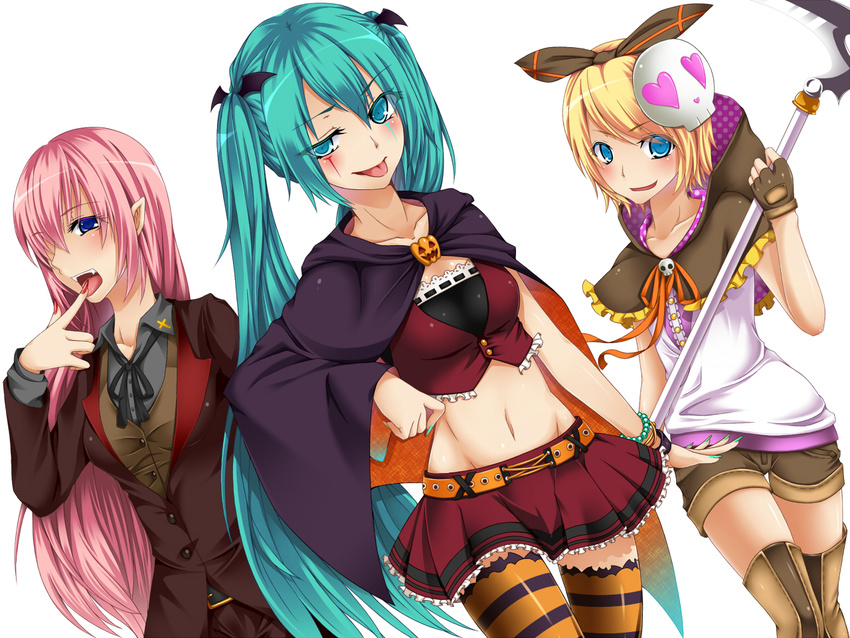 3girls :p aqua_eyes aqua_hair belt blonde_hair blue_eyes boots bracelet colorized commentary_request cosplay fangs goma_azarasi hatsune_miku jewelry kagamine_rin long_hair looking_at_viewer megurine_luka multiple_girls nail_polish navel pink_hair pointy_ears scythe short_hair simple_background skull smile striped_clothes striped_thighhighs thigh_boots thighhighs tongue tongue_out twintails vocaloid white_background