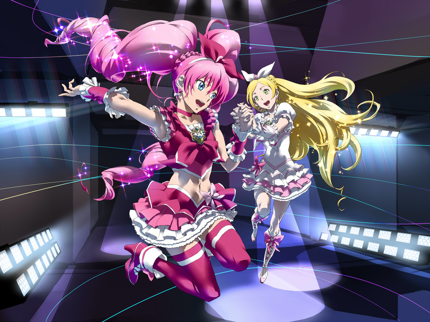 2girls baariya blonde_hair bow choker commentary_request cure_melody cure_rhythm green_eyes houjou_hibiki long_hair magical_girl midriff minamino_kanade multiple_girls pink_bow pink_choker pink_hair pink_wrist_cuffs precure suite_precure thighhighs twintails very_long_hair wrist_cuffs