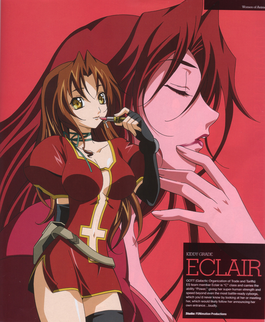 breasts center_opening closed_eyes clothing_cutout cross_cutout dress eclair_(kiddy_grade) elbow_gloves female gloves highres kadonosono_megumi kiddy_grade large_breasts lipstick long_hair makeup navel navel_cutout official_art photoshop_(medium) red_hair smile solo text_focus yellow_eyes