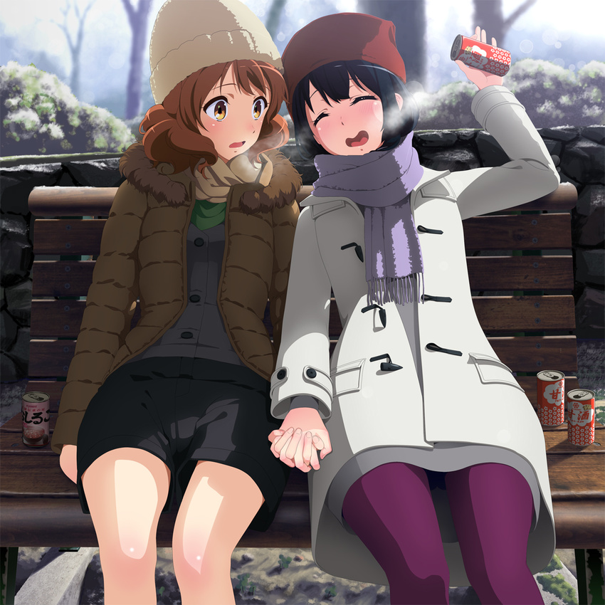 2girls alternate_costume arm_at_side arms_at_sides bare_legs beanie bench black_hair black_shorts blurry blush bokeh breath brown_eyes brown_hair brown_scarf bush buttons can coat cold commentary_request dated_commentary depth_of_field dress drink_can duffel_coat full-face_blush fur_trim grey_dress hand_up hat hibike!_euphonium highres holding holding_can holding_hands hood hood_down hooded_jacket interlocked_fingers jacket kousaka_reina laughing long_hair long_sleeves looking_at_another multiple_girls open_mouth oumae_kumiko outdoors pantyhose park_bench purple_legwear purple_scarf scarf short_hair shorts sitting snow soda_can sonouchi_(bigsummersky) swept_bangs tree unbuttoned winter winter_clothes winter_coat yuri