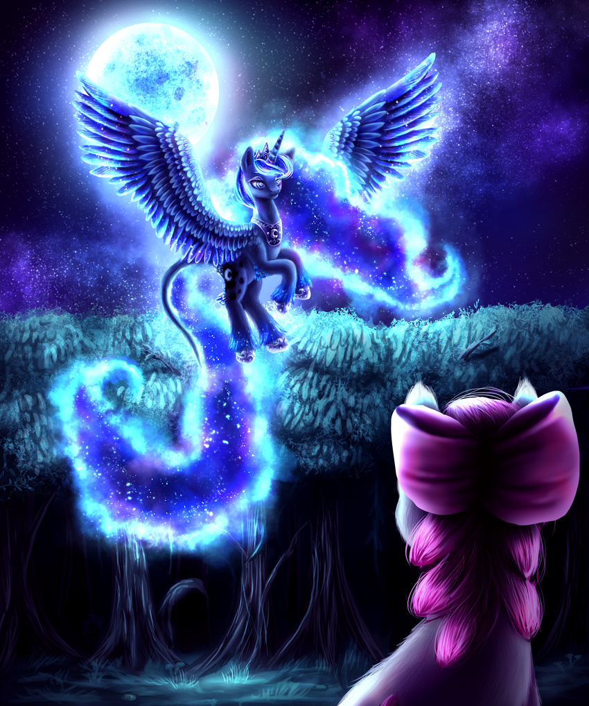 2015 9de-light6 absurd_res accessory alicorn apple_bloom_(mlp) blue_body blue_eyes blue_feathers blue_fur blue_hair bow_(feature) bow_accessory bow_ribbon centered_hair_bow crown cutie_mark detailed_background duo equid equine feathered_wings feathers female feral flying forest friendship_is_magic fur glowing grass hair hair_accessory hair_ribbon hairbow hasbro headgear hi_res horn jewelry mammal moon my_little_pony mythological_creature mythological_equine mythology necklace outside plant princess_luna_(mlp) purple_hair ribbons sky spread_wings star tree wings