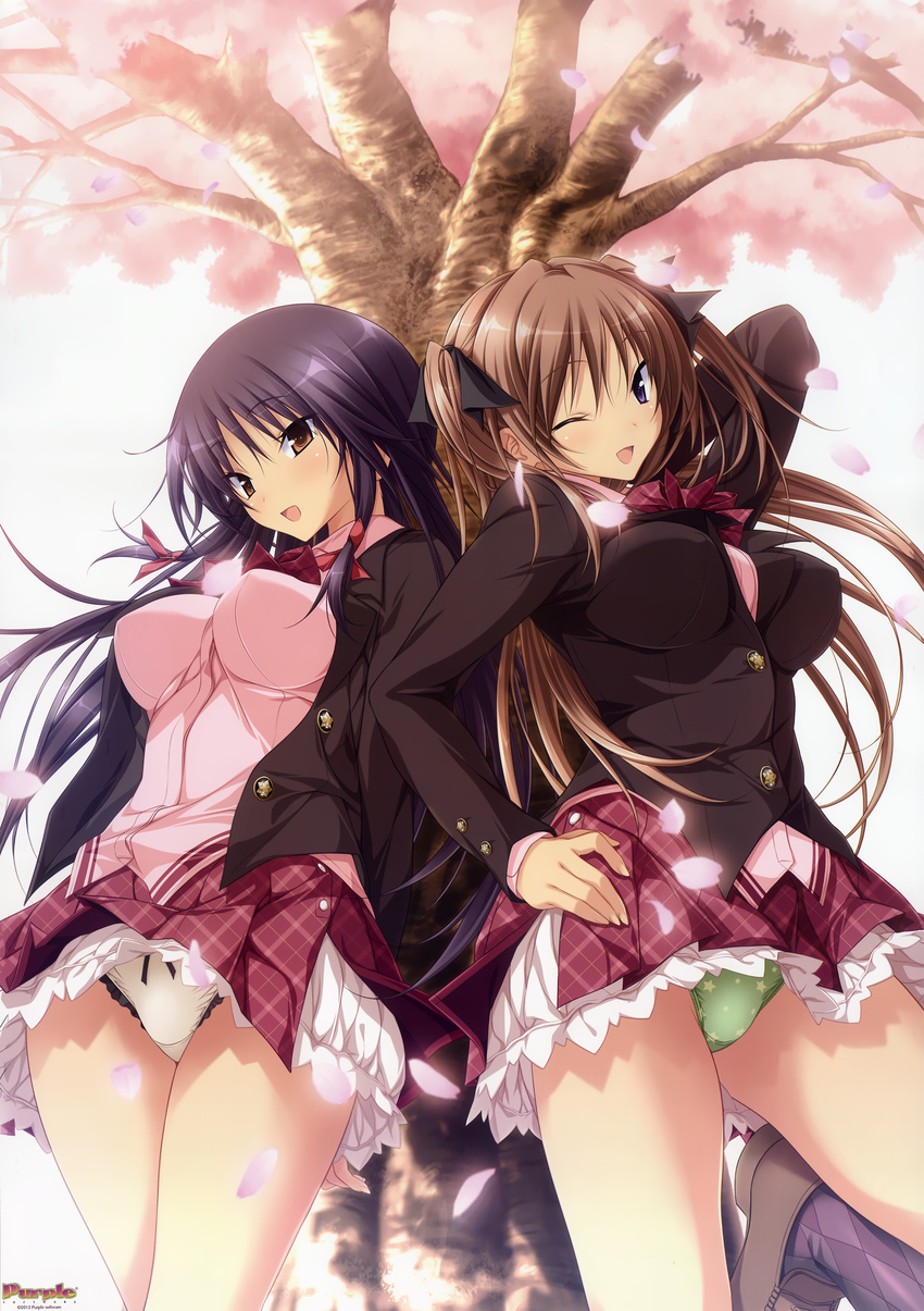 2girls :d ;d absurdres anna_(mirai_nostalgia) argyle_clothes argyle_legwear black_hair blazer blush breasts brown_eyes brown_hair cherry_blossoms clothes_lift frilled_panties frills green_panties hand_on_own_hip highres jacket kasuga_iori koku large_breasts loafers long_hair mirai_nostalgia multiple_girls one_eye_closed open_clothes open_jacket open_mouth outdoors panties pantyshot petals plaid plaid_skirt print_panties purple_eyes school_uniform shoes skirt skirt_lift smile star_(symbol) star_print tree two_side_up under_tree underwear white_panties