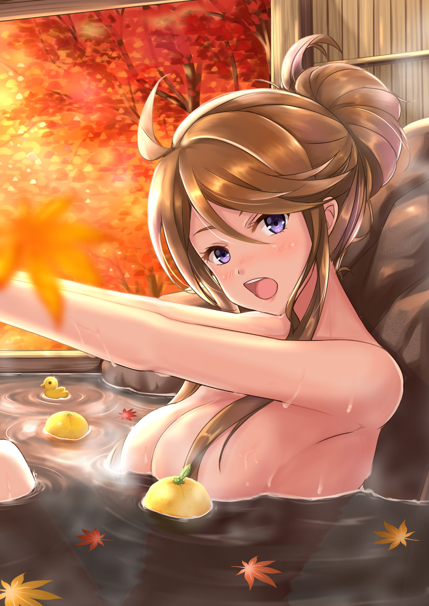 blue_eyes blush breasts brown_hair commentary_request convenient_censoring female floating_breasts food fruit hair_censor hair_over_breasts highres idolmaster idolmaster_million_live! leaf long_hair maple_leaf medium_breasts nude onsen open_mouth outdoors outstretched_arms partially_submerged ripples rubber_duck solo tied_hair tokoro_megumi upper_body yuzu_(fruit) yuzu_bath yuzuyu_(hyui)