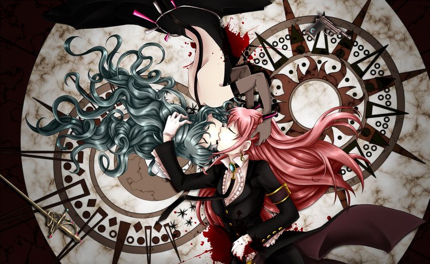 2girls bad_id bad_pixiv_id blood closed_eyes earrings elbow_gloves formal gloves green_hair gun handgun hatsune_miku highres jewelry kissing long_hair megurine_luka multiple_girls photoshop_(medium) red_hair rondo_of_the_sun_and_moon_(vocaloid) sword very_long_hair vocaloid walther walther_p38 weapon yaya_(y8ay8a) yuri