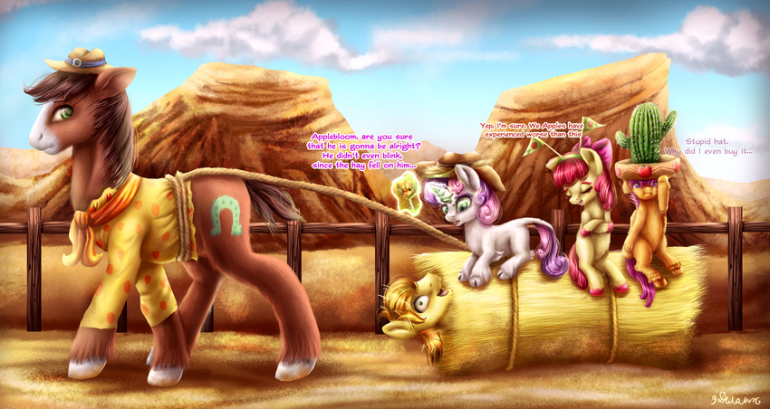 2015 9de-light6 apple_bloom_(mlp) blonde_hair braeburn_(mlp) brown_body brown_fur brown_hair cactus clothing cloud cutie_mark cutie_mark_crusaders_(mlp) dialogue earth_pony english_text equid equine feathered_wings feathers female fence feral friendship_is_magic fur group hair hasbro hat hay hay_bale headgear headwear hi_res horn horse insane landscape lying magic mammal mountain multicolored_hair my_little_pony mythological_creature mythological_equine mythology orange_body orange_feathers orange_fur outside pegasus pink_hair plant pony purple_hair red_hair road rope scootaloo_(mlp) sky smile star sweetie_belle_(mlp) text troubleshoes_(mlp) two_tone_hair unicorn white_body white_fur wings yellow_body yellow_fur