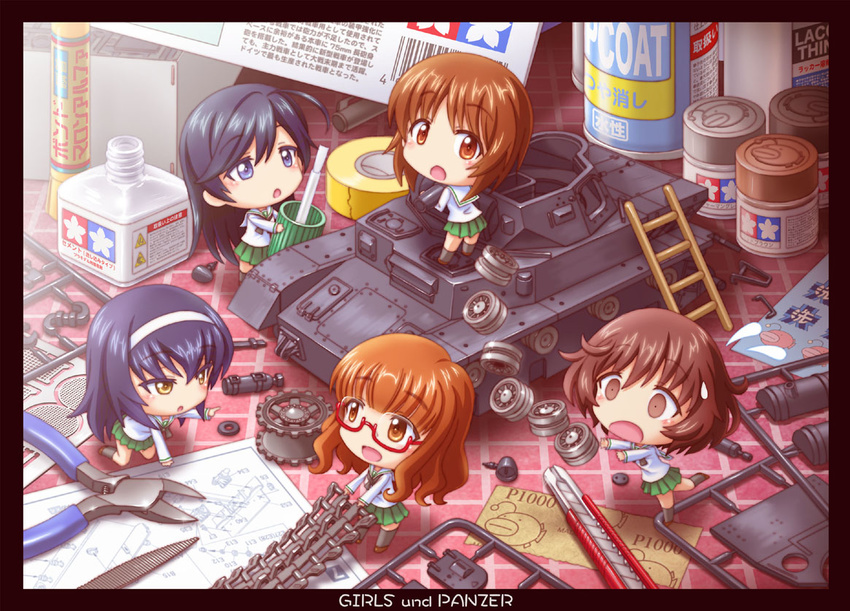 5girls :d ahoge akiyama_yukari black_eyes black_hair black_socks black_thighhighs blouse blunt_bangs blush boxcutter brand_name_imitation brown_eyes brown_footwear brown_hair caterpillar_tracks chibi clippers commentary_request file_(tool) from_above girls_und_panzer glasses glue green_skirt hairband isuzu_hana long_hair long_sleeves md5_mismatch messy_hair military military_vehicle mini_person minigirl miniskirt model model_building model_kit motor_vehicle multiple_girls neckerchief nishizumi_miho ooarai_school_uniform open_mouth orange_eyes orange_hair outsider_0 paint panzer_iv photoshop_(medium) pleated_skirt red-framed_eyewear reizei_mako school_uniform semi-rimless_eyewear serafuku shirt shoes short_hair skirt smile socks sprue takebe_saori tamiya_incorporated tank thighhighs under-rim_eyewear uniform white_shirt