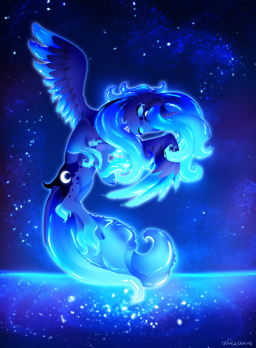 2015 9de-light6 alicorn blue_body blue_feathers blue_fur blue_hair closed_eyes cutie_mark equid equine feathered_wings feathers female feral flying friendship_is_magic fur glowing hair hasbro hi_res horn mammal my_little_pony mythological_creature mythological_equine mythology princess_luna_(mlp) sky solo spread_wings star wings