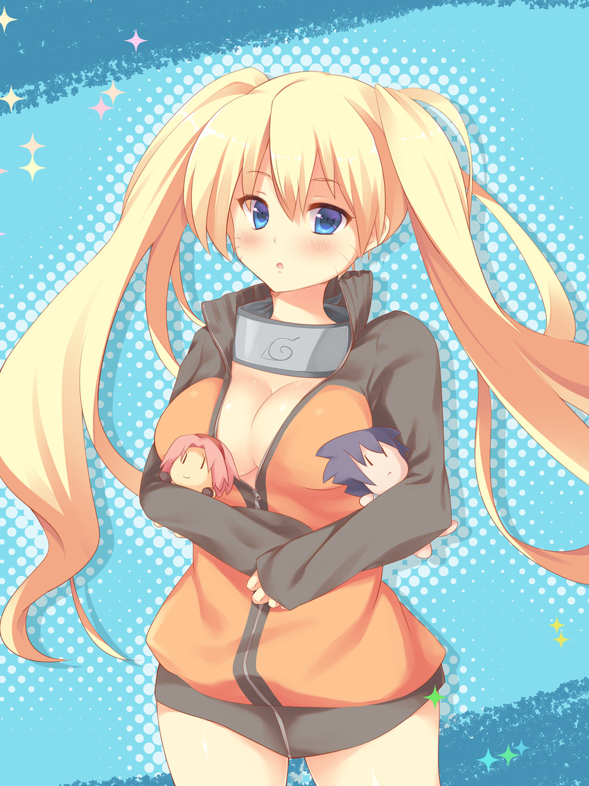 blonde_hair blue_eyes breasts chihiro4649 cleavage highres jacket large_breasts long_hair naruko naruto rule_63 twintails uzumaki_naruto very_long_hair