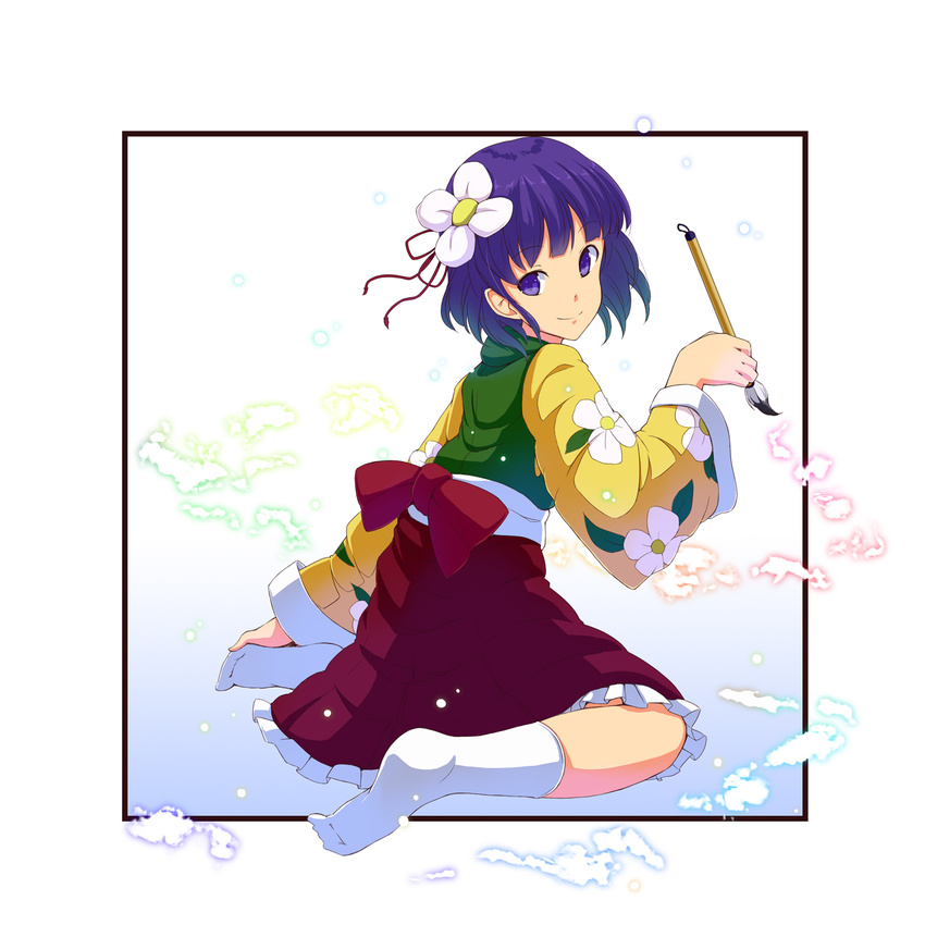 bad_id bad_pixiv_id blue_eyes blue_hair brush female flower hair_flower hair_ornament hieda_no_akyuu highres japanese_clothes kimono photoshop_(medium) sitting smile solo touhou tsuttsu wariza