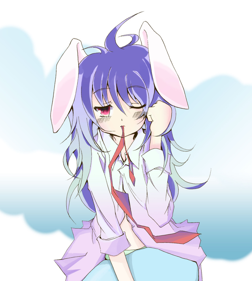 animal_ears bad_id bad_pixiv_id female highres long_hair mouth_hold necktie one_eye_closed purple_hair rabbit_ears red_necktie reisen_udongein_inaba solo touhou wamushi