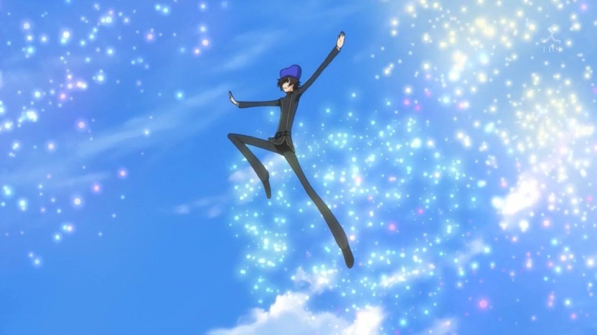 aerial_fireworks androgynous anime_screenshot code_geass cosplay crossdressing female fireworks hat jumping lelouch_vi_britannia lelouch_vi_britannia_(cosplay) lulucopter parody reverse_trap school_uniform shinozaki_sayoko sky solo