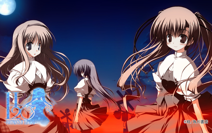 3girls artist_request black_skirt brown_eyes brown_hair from_side full_moon h2o_footprints_in_the_sand hairband highres kagura_hinata kohinata_hayami long_hair looking_at_viewer moon moonlight multiple_girls night pleated_skirt puffy_short_sleeves puffy_sleeves school_uniform short_sleeves sidelocks skirt standing tabata_yui twintails very_long_hair