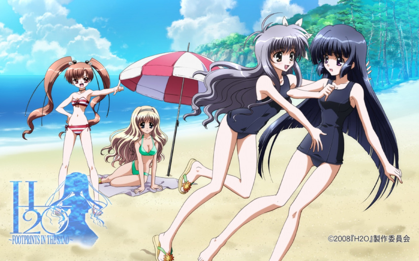 1boy 3girls beach beach_umbrella bikini black_one-piece_swimsuit crossdressing day h2o_footprints_in_the_sand kagura_hinata kohinata_hayami multiple_girls official_art one-piece_swimsuit oonishi_takako otoko_no_ko outdoors sandals school_swimsuit side-tie_bikini_bottom striped_bikini striped_clothes swimsuit tabata_yui umbrella yakumo_hamaji