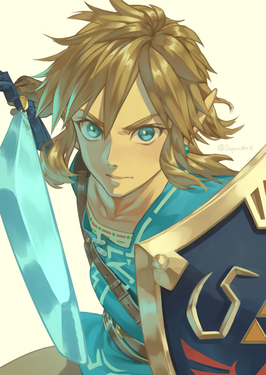 1boy absurdres akiwashi blue_eyes blue_tunic brown_hair brown_pants champion's_tunic_(zelda) closed_mouth commentary earrings highres holding holding_sword holding_weapon hylian_shield jewelry link long_hair male_focus master_sword pants pointy_ears shield shirt solo strap sword the_legend_of_zelda the_legend_of_zelda:_breath_of_the_wild weapon