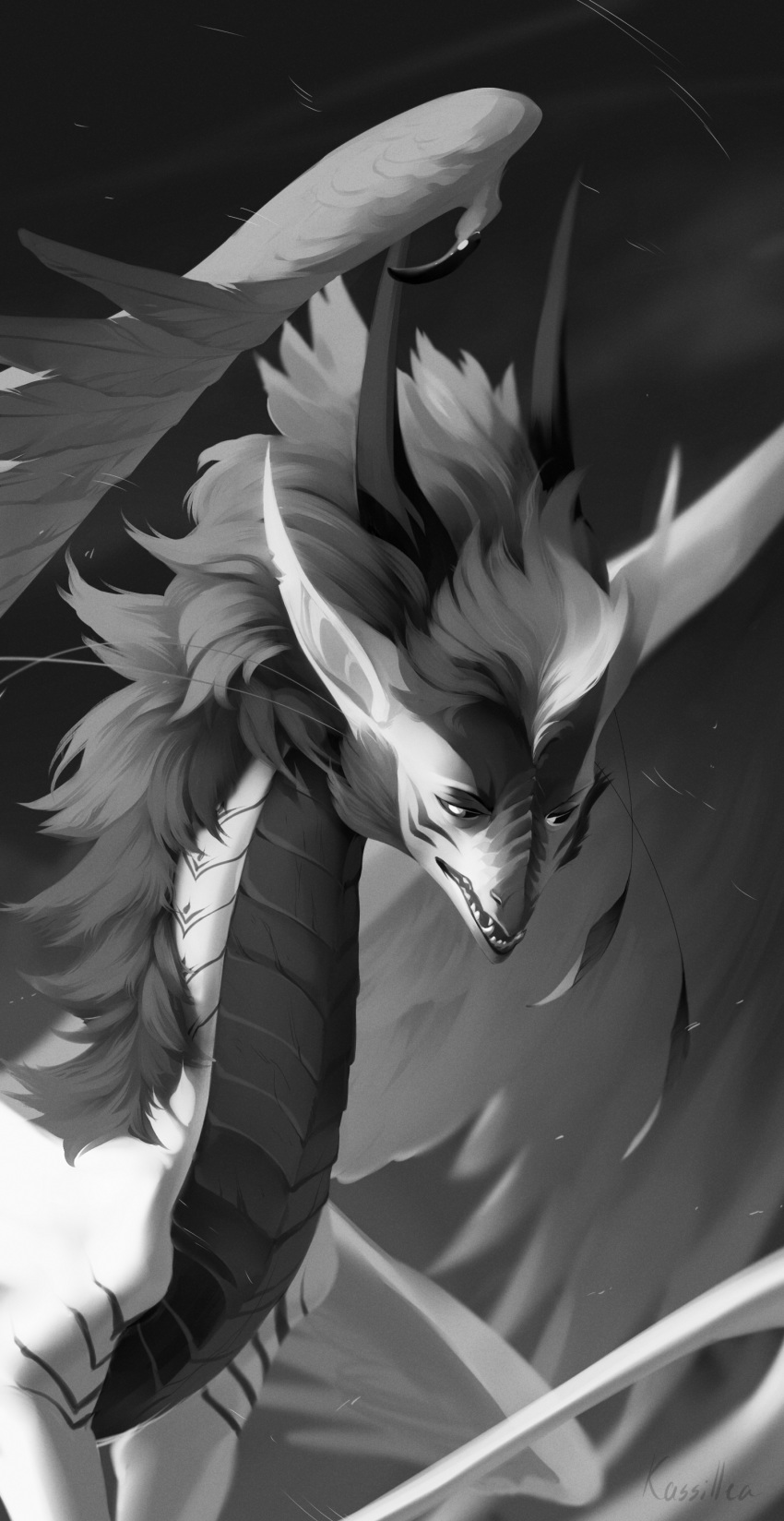 2019 absurd_res digital_media_(artwork) dragon feathered_dragon feathered_scalie feathered_wings feathers grey_hair greyscale hair hi_res horn kassillea monochrome mythological_creature mythological_scalie mythology open_mouth scalie teeth tongue wings