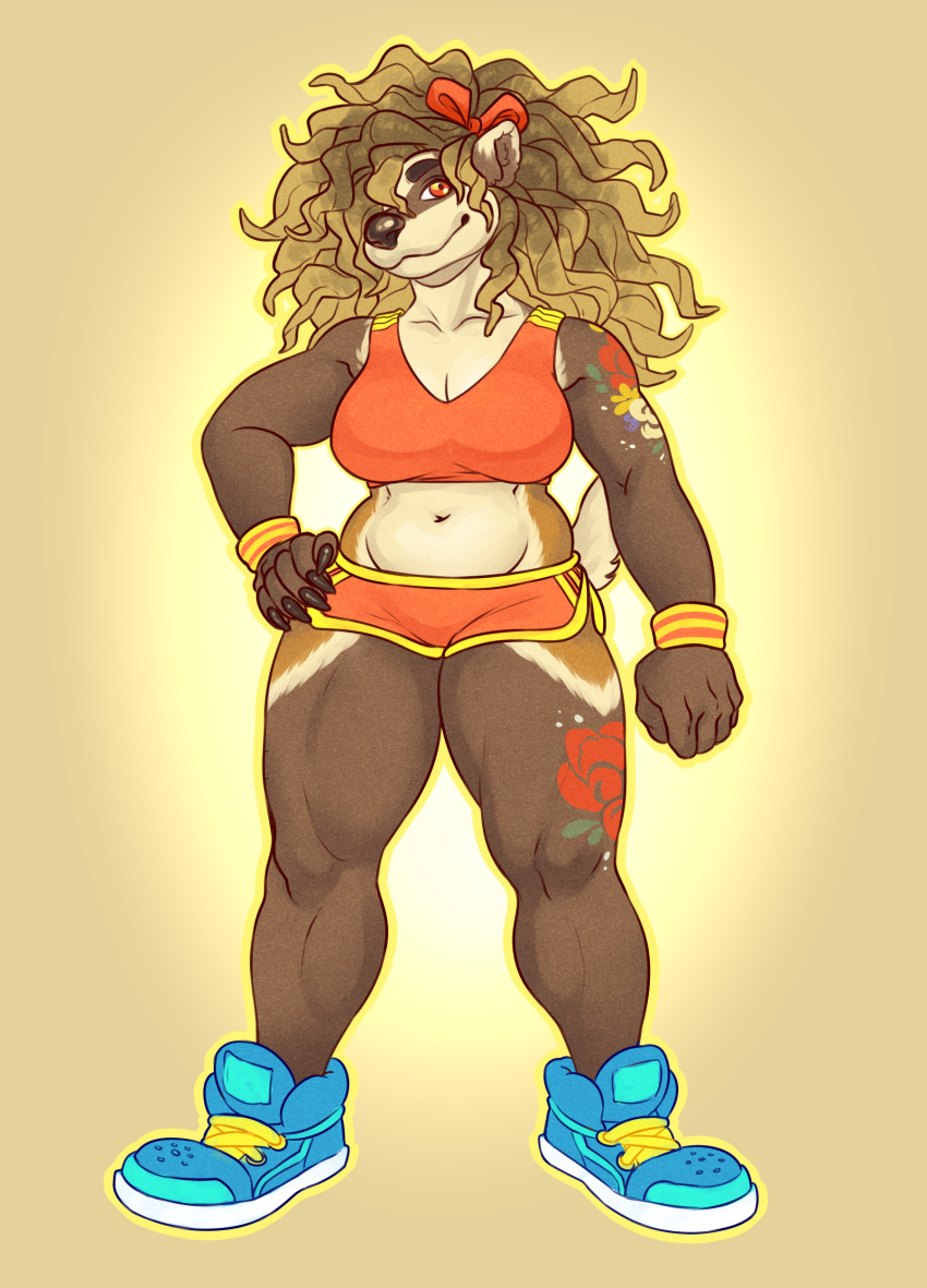 absurd_res anthro badger biped blonde_hair bottomwear clothed clothing dolphin_shorts dreadlocks female footwear hair hi_res jordan_dane mammal muscular muscular_anthro muscular_female mustelid musteline orange_eyes shoes shorts solo tattoo unknown_artist