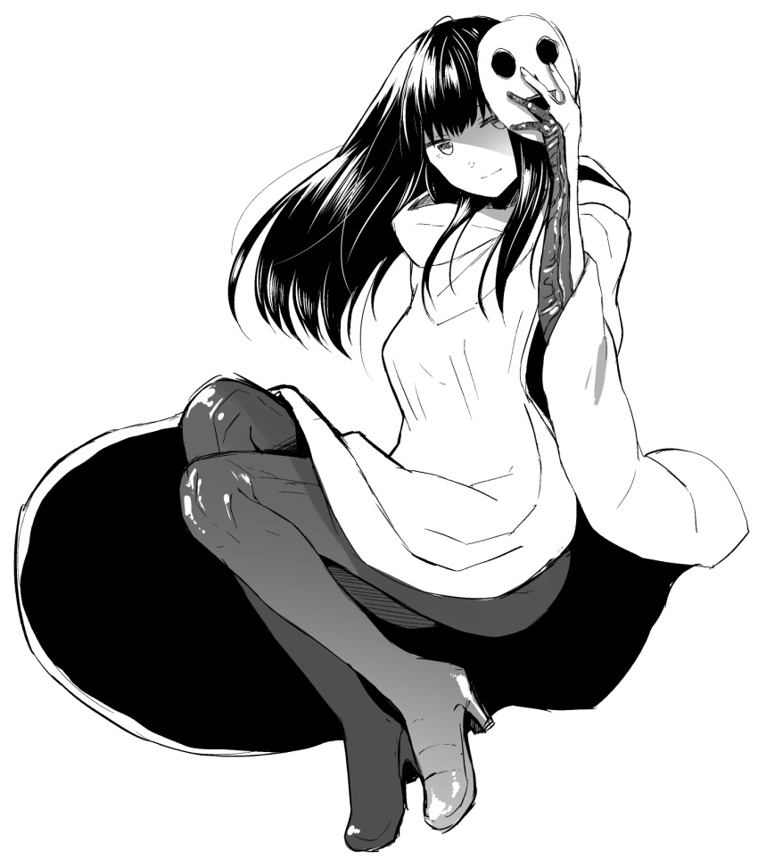 biomega closed_mouth female greyscale high_heels highres long_hair looking_at_viewer mask mechanical_arms monochrome nyaldee sakuma_tsukasa simple_background single_mechanical_arm smile solo white_background