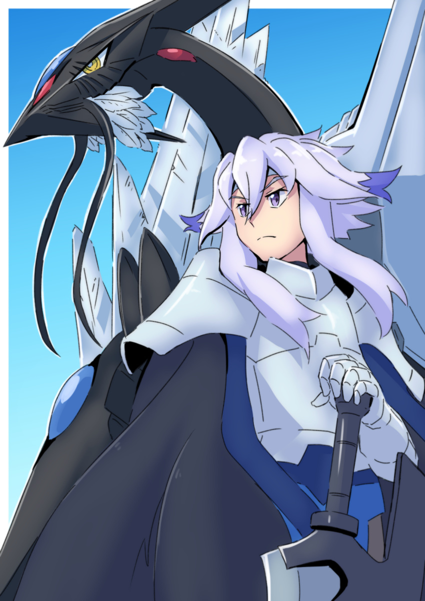 2boys armor cape cuadorn dragon gundam gundam_build_divers gundam_build_divers_re:rise highres holding holding_sword holding_weapon long_hair looking_to_the_side multiple_boys origami_yakko purple_eyes purple_hair shidou_masaki short_hair_with_long_locks sid_(gundam_build_divers_re:rise) sword weapon yellow_eyes