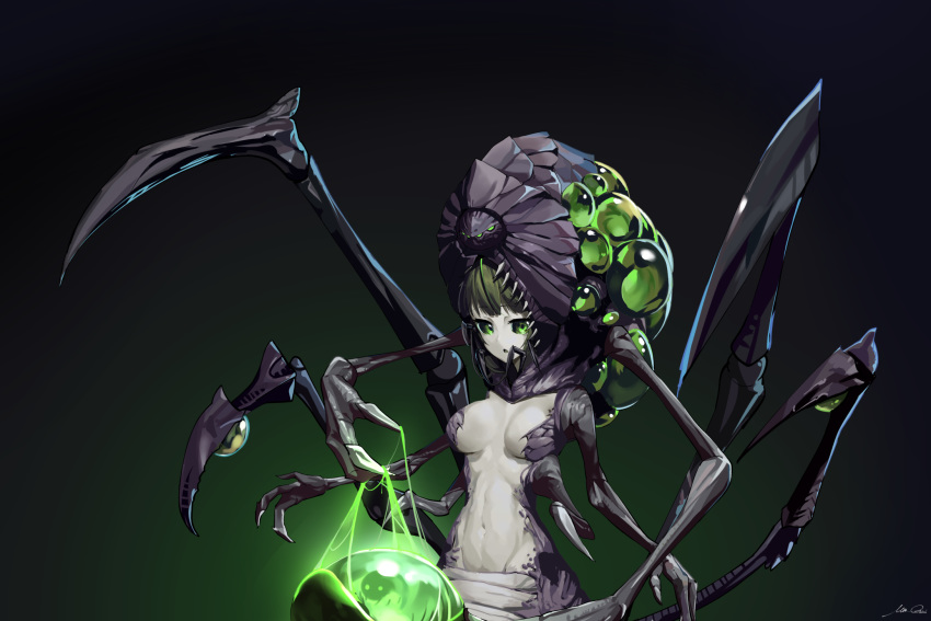 abathur alien black_sclera breasts brown_hair claws colored_sclera commentary commission dark_background english_commentary extra_arms female gradient_background green_background green_eyes highres looking_at_viewer medium_breasts monster monster_girl navel overlord_(overlord80000) personification sharp_teeth signature solo starcraft stomach teeth zerg_(starcraft)