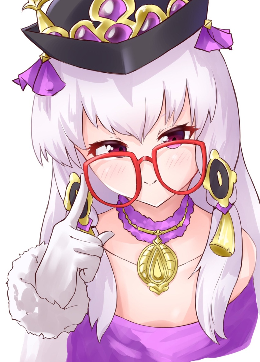 bare_shoulders bespectacled black_hat blush closed_mouth collar commentary_request female fire_emblem fire_emblem:_three_houses fire_emblem_heroes glasses gloves hair_ornament hat highres lillian8710 long_hair lysithea_von_ordelia lysithea_von_ordelia_(a_new_future) official_alternate_costume pink_eyes purple_collar red-framed_eyewear simple_background smile solo upper_body white_background white_gloves white_hair