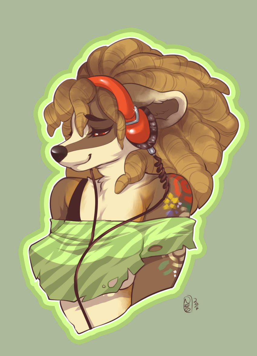 2016 badger blonde_hair breasts clothed clothing digital_media_(artwork) dreadlocks electronics female hair headphones hi_res jordan_dane luckypan mammal mustelid musteline orange_eyes shaded smile solo tattoo under_boob