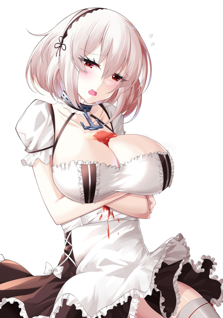 azur_lane blush breasts choker cleavage commentary dress female frilled_choker frills hair_between_eyes highres large_breasts medium_hair red_eyes scrunchie simple_background sirius_(azur_lane) solo thighhighs white_dress white_hair white_thighhighs wrist_scrunchie yan_lie