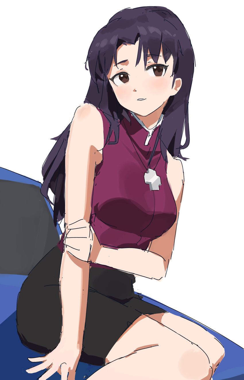 absurdres alpine_(carmaker) alpine_a310 black_skirt blush breasts brown_eyes car cross cross_necklace female highres jewelry katsuragi_misato long_hair looking_at_viewer medium_breasts motor_vehicle necklace neon_genesis_evangelion purple_hair renault skirt sleeveless solo t-lex