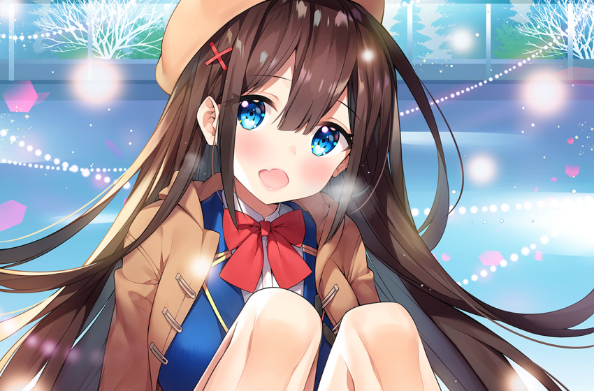 ayamy blue_eyes bow brown_hair brown_headwear brown_jacket commentary_request female hair_between_eyes hair_ornament jacket long_hair looking_at_viewer miyawaki_sana oerba_yun_fang original outdoors red_bow shirt skin_fang smile solo white_shirt x_hair_ornament