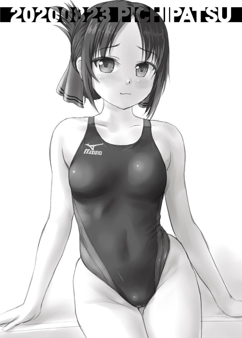 :3 breasts collarbone commentary_request competition_swimsuit cowboy_shot female folded_ponytail greyscale hair_ribbon highres kaguya-sama_wa_kokurasetai_~tensai-tachi_no_renai_zunousen~ long_hair looking_at_viewer mizuno_(brand) monochrome one-piece_swimsuit parted_bangs ribbon shinomiya_kaguya simple_background sitting small_breasts solo swimsuit thigh_gap tk4