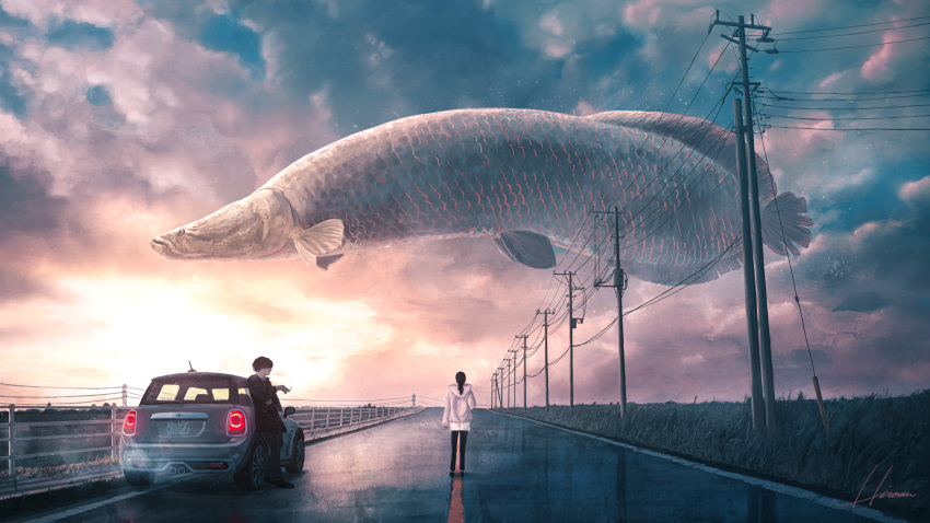 1boy animal arapaima black_hair car cloud cloudy_sky female fish floating highres hiromumaru horizon long_hair motor_vehicle original outdoors oversized_animal power_lines road scales scenery short_hair sky smoke surreal twilight